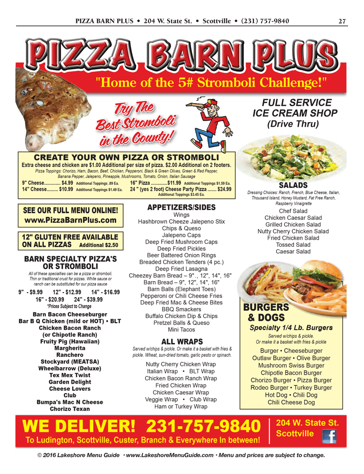 Lake Michigan Circle Tour Menu for Pizza Barn Plus in Scottville