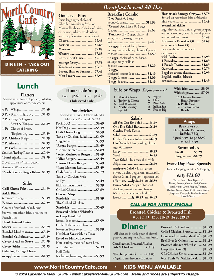 Lakeshore Menu Guide Menu For North Country Cafe Catering In